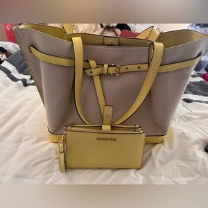 Michael Kors Yellow Trim Canvas Tote with Matching Yellow Zip Wallet